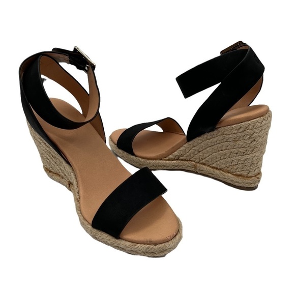 LOFT Black Wedge Espadrille Platform Ankle Strap Sandals Size 7 Women's - Picture 1 of 10